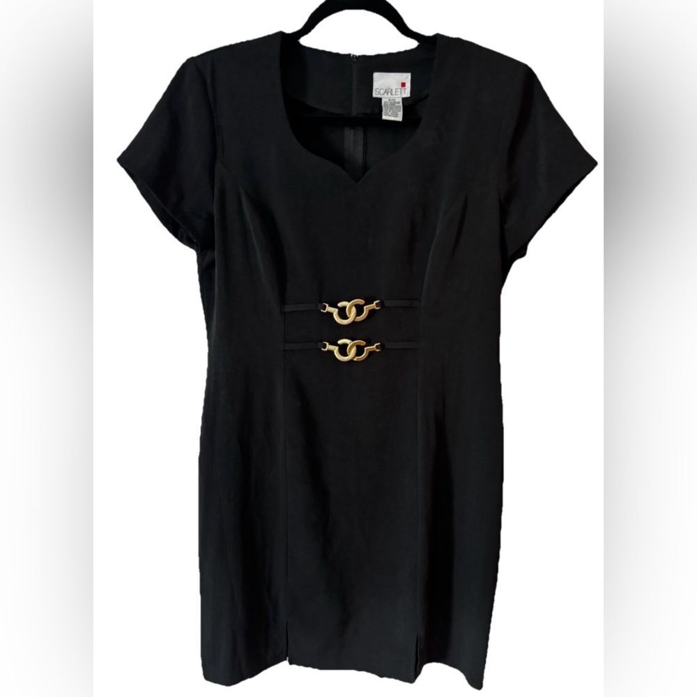 Vintage 80’s Scarlett Little Black Dress Gold Link Detail Sz 9/10 Shoulder Pads